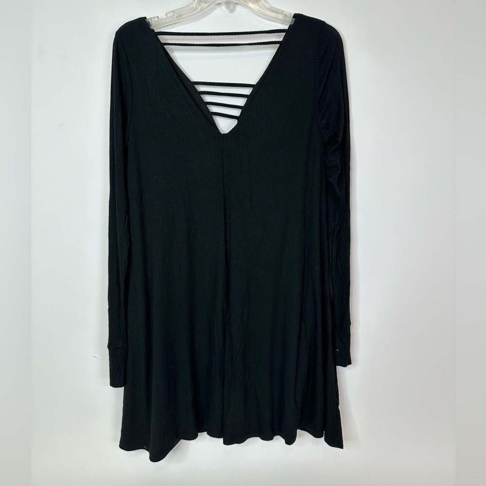 BP Tunic Top‎ Women's Small Ribbed Long Sleeve Strappy Cage V-Neck Black